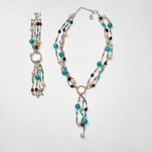 Matching Necklace & Bracelet Set Beaded Multicolor Teal Coral 16" & 7"